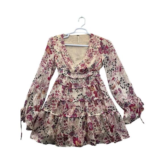 Free People Dresses & Skirts - Free People Boho Floral Tiered Mini Dress Smocked Long Sleeve Ruffle V Neck XS